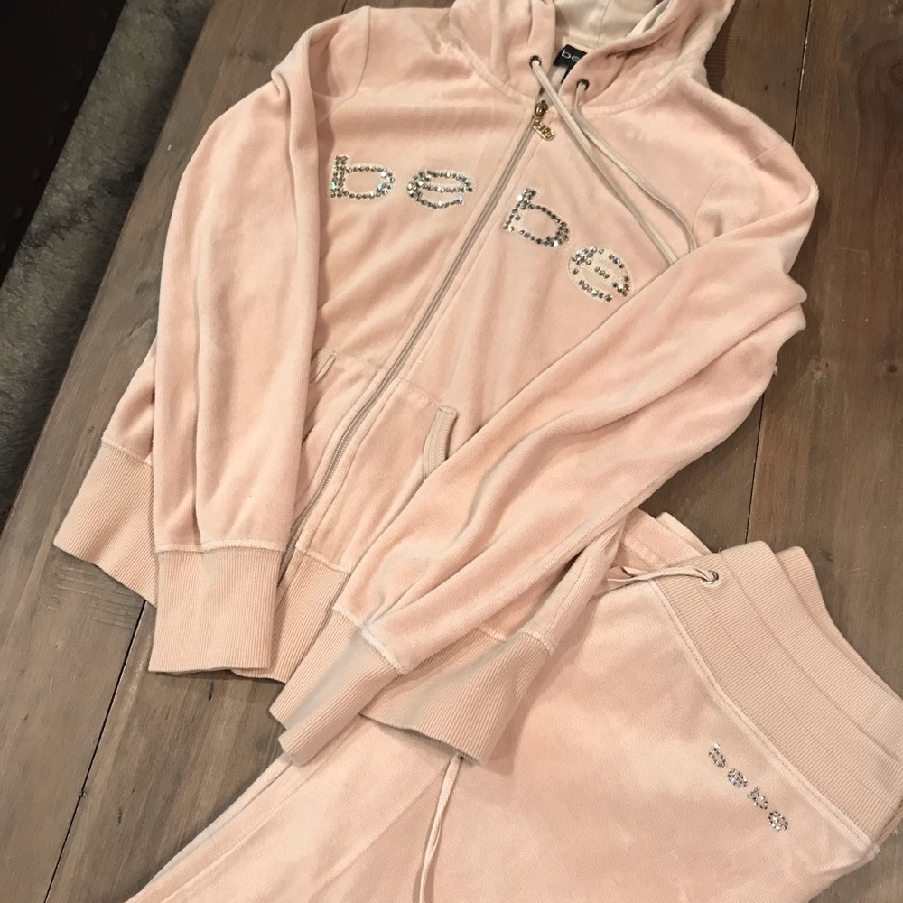 Bebe Tan Velour Rhinestone Sweatsuit Set